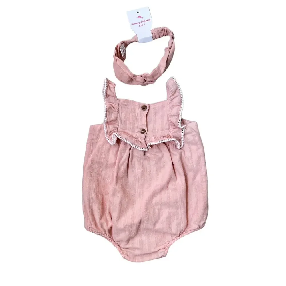 Tommy Bahama Romper Baby Girl 6-9M Pink Gauze Embroidered Bubble Headband